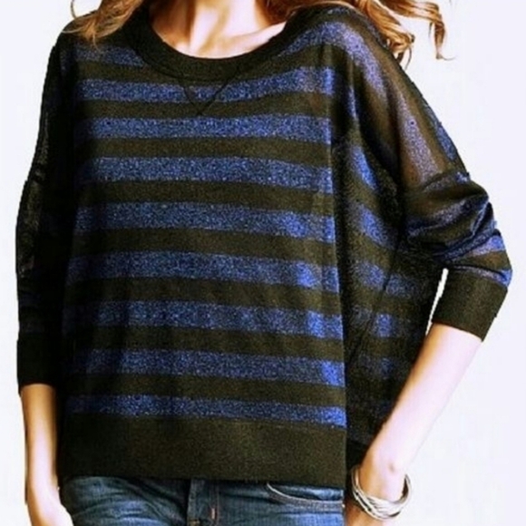 French Connection Twinkly Knit Stripe Black Cobalt Oversized T-shirt XS - Picture 9 of 9